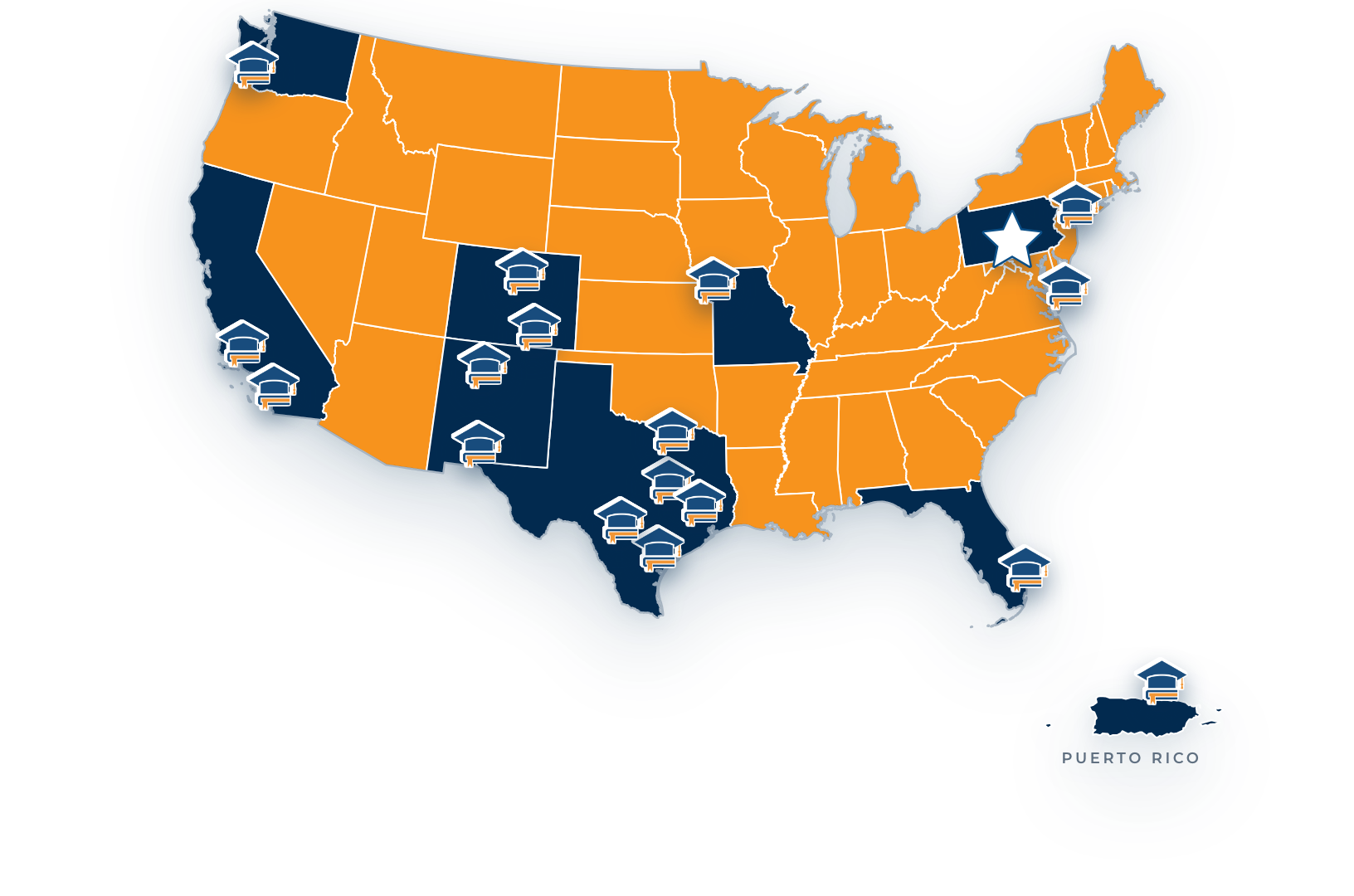 Map showing LNESC education centers across the United States and Puerto Rico